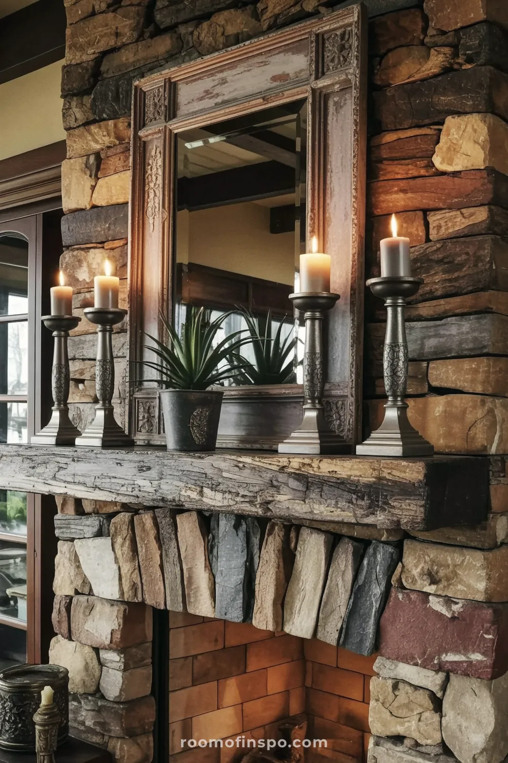Rustic fireplace built with large, varied stone, featuring a thick, textured wood mantel with a distressed mirror and pewter candlesticks.