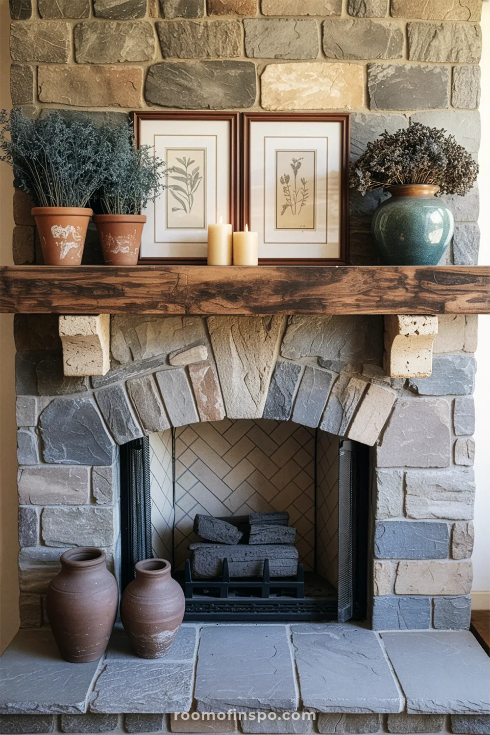 Rustic stacked stone fireplace with a thick, distressed wood mantel holding botanical prints, terracotta potted plants, and candles.