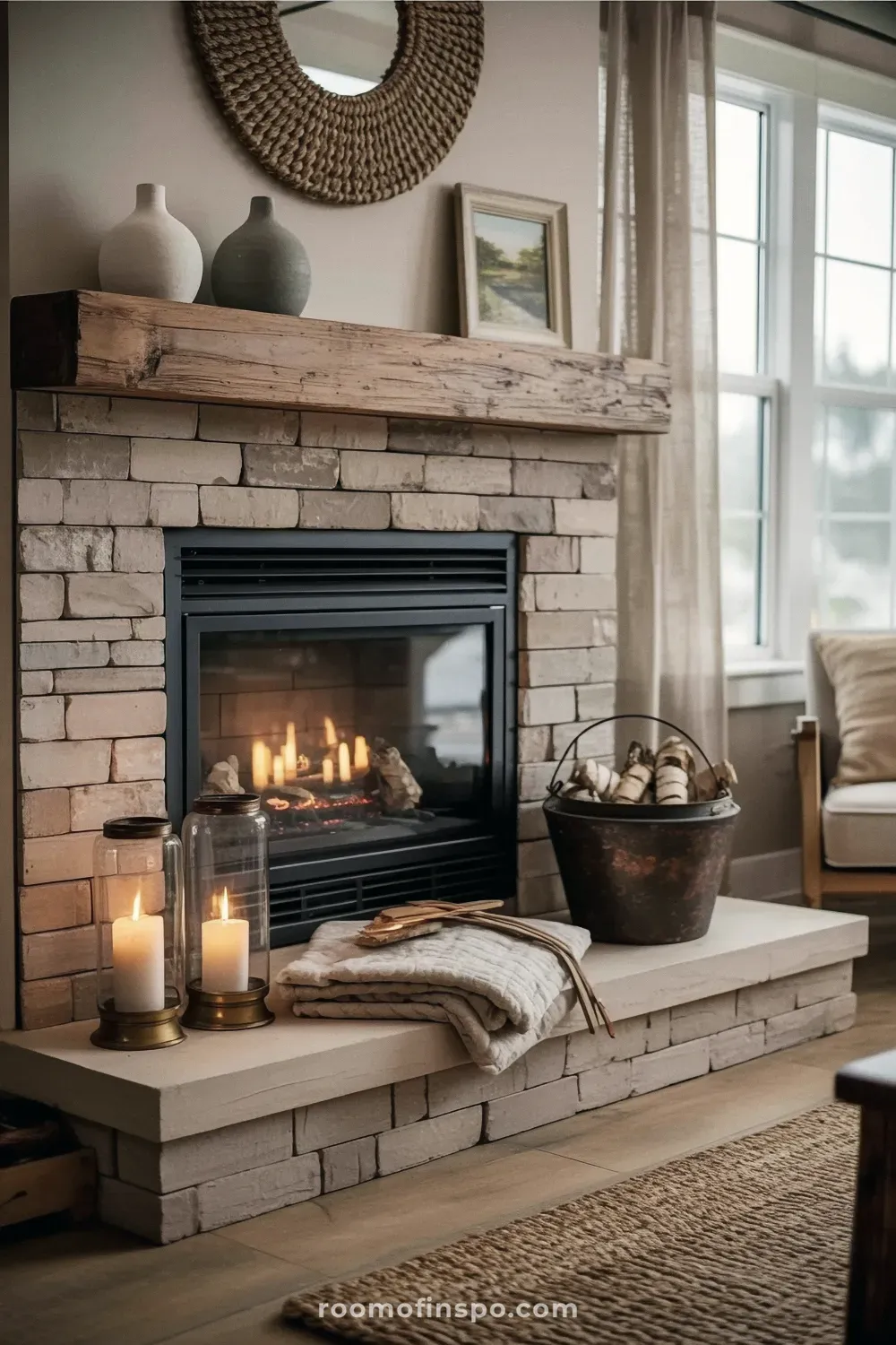 Rustic stacked stone fireplace with a thick wood beam mantel holding vases, a mirror, and a small framed landscape painting.