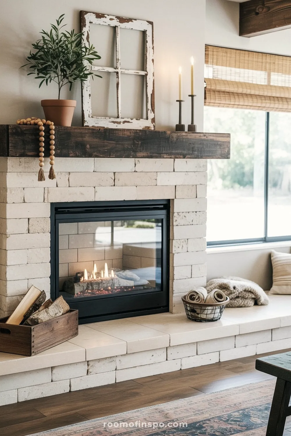 Rustic fireplace with light brick surround and a dark wood beam mantel displaying a small potted plant and a distressed white window frame.