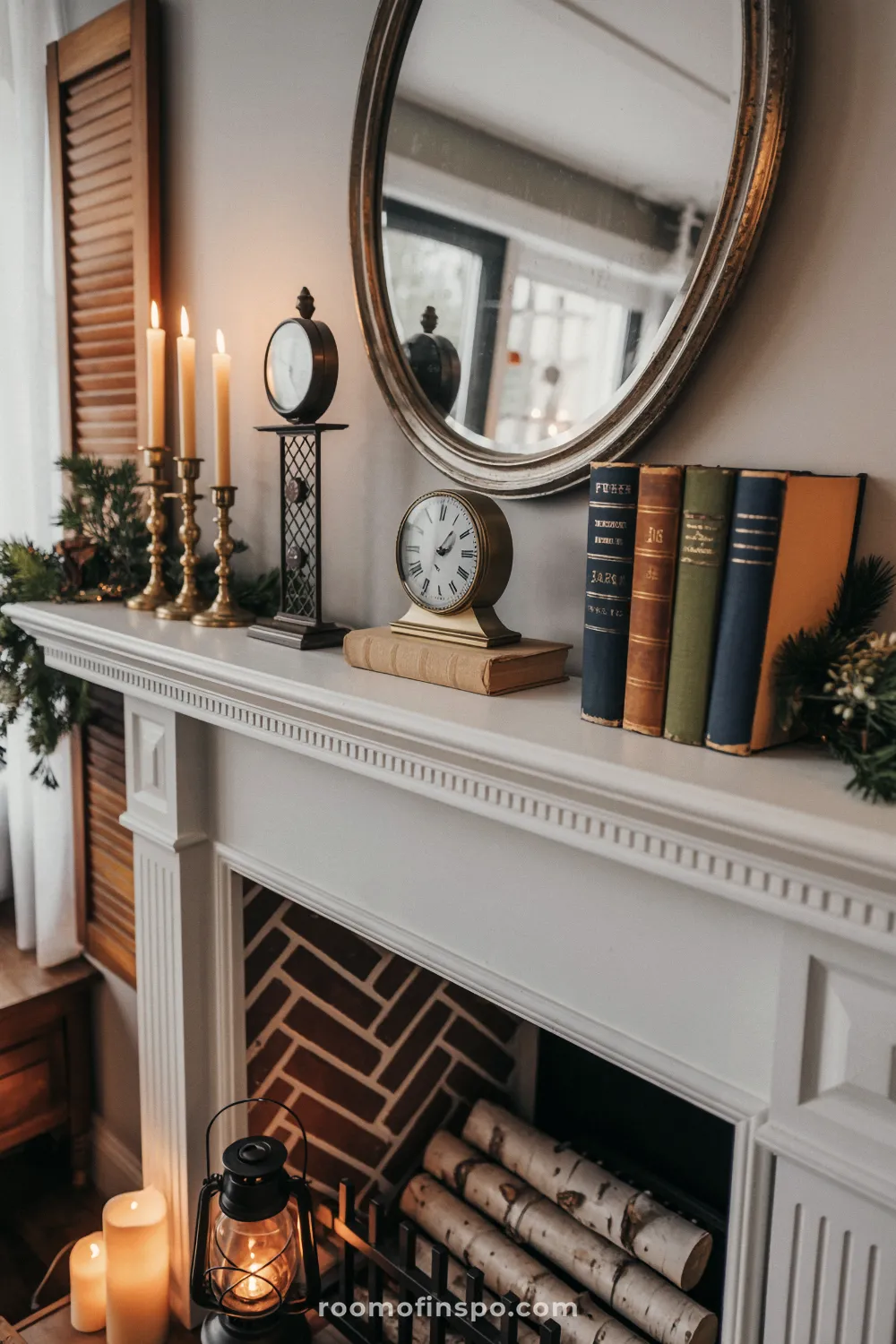 Farmhouse white wood fireplace and mantel decorated with an oval mirror, vintage clocks, stacked books, and brass candlesticks.
