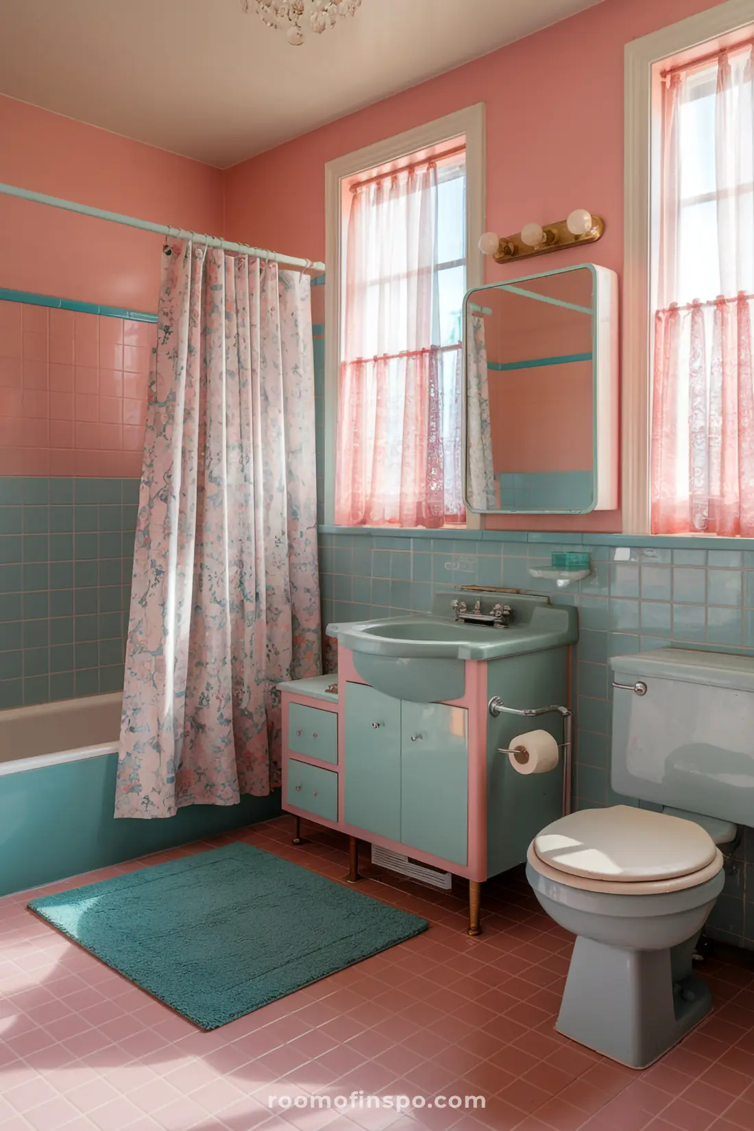 A retro-style bathroom with pink and teal walls, a floral shower curtain, and vintage fixtures.