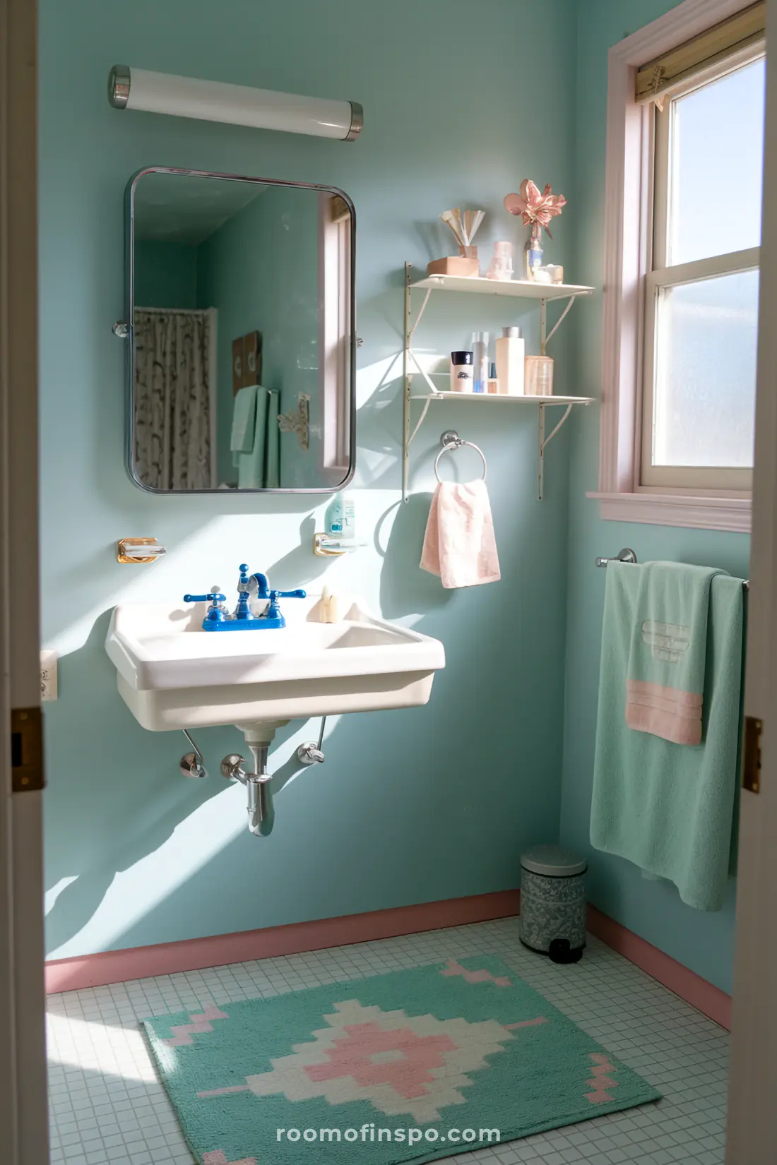 A cozy 1950s aqua blue bathroom with chrome accents, soft lighting, and everyday items like towels and a soap dispenser.