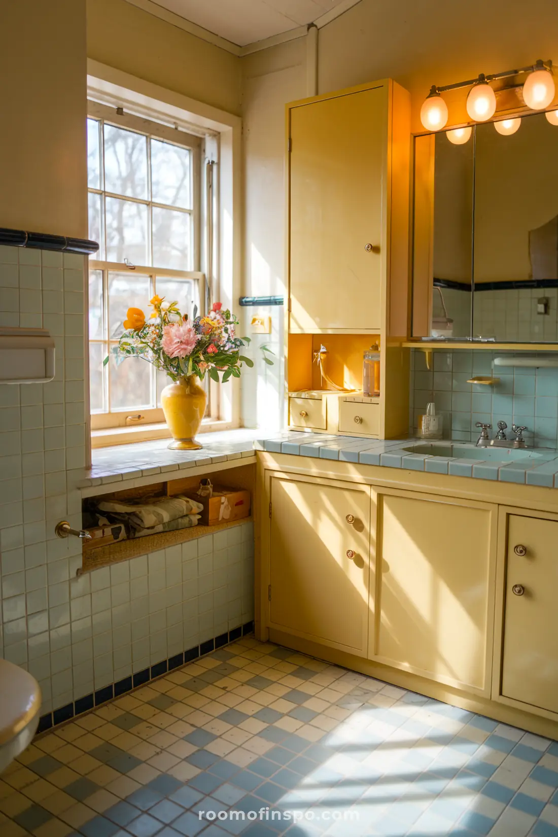 A bright and cozy 1950s yellow bathroom with warm lighting, yellow towels, and retro everyday items.
