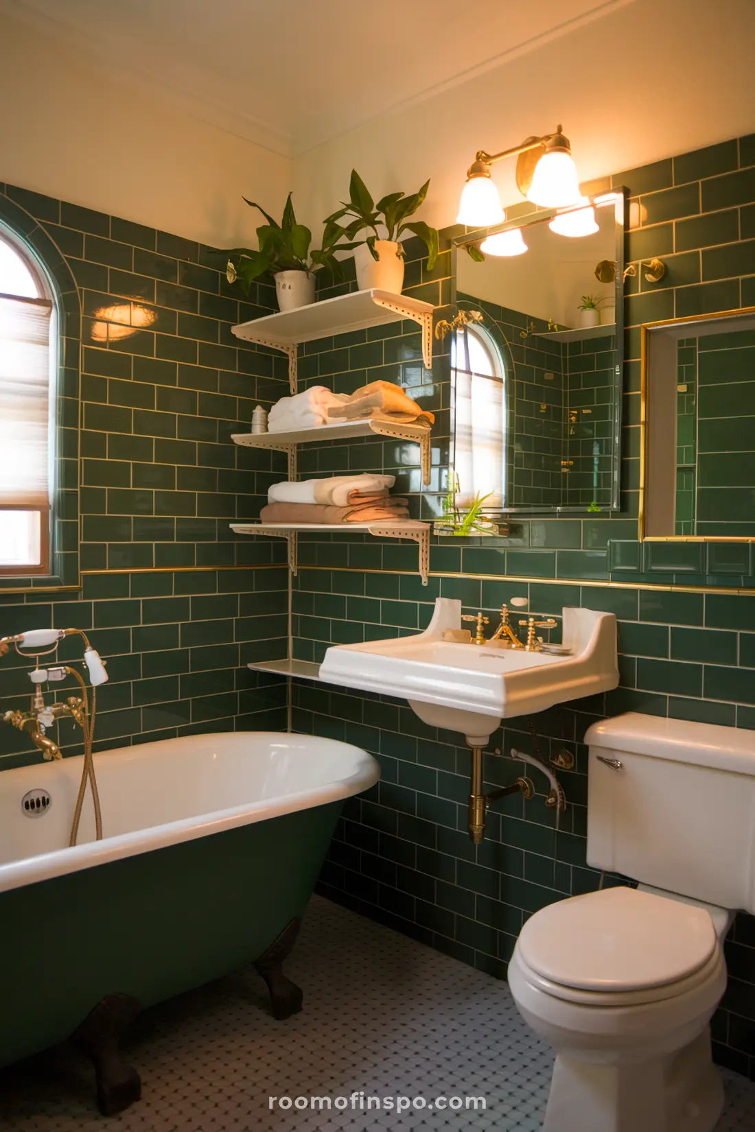 A cozy 1950s emerald green bathroom with warm lighting, greenery, and retro bathroom essentials.