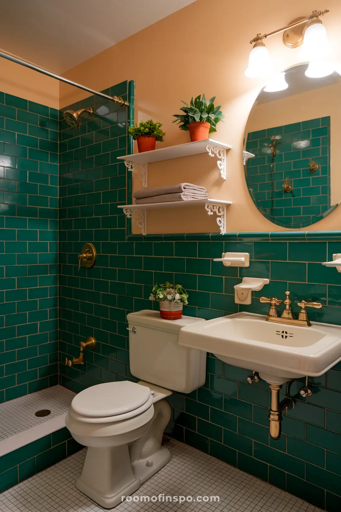 A cozy 1950s emerald green bathroom with warm lighting, greenery, and retro bathroom essentials.