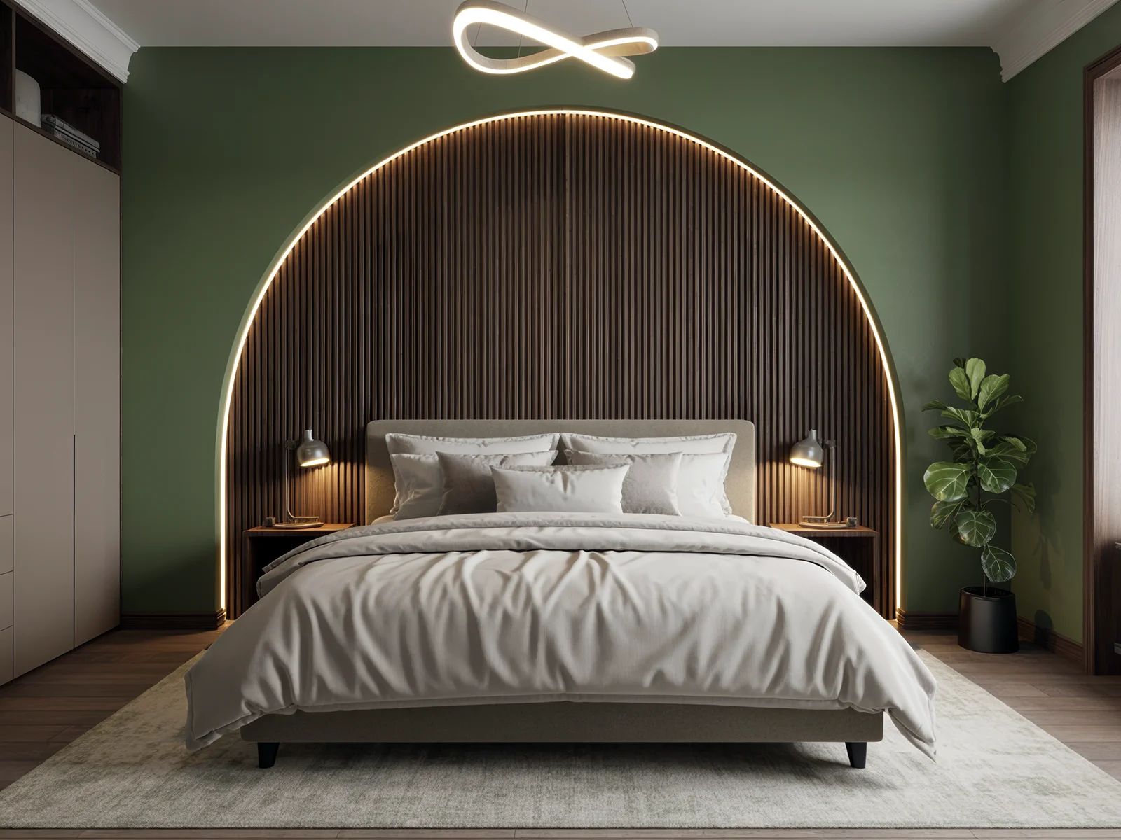 Luxurious bedroom with deep green accent wall, arched wood headboard, and dark wood slats.