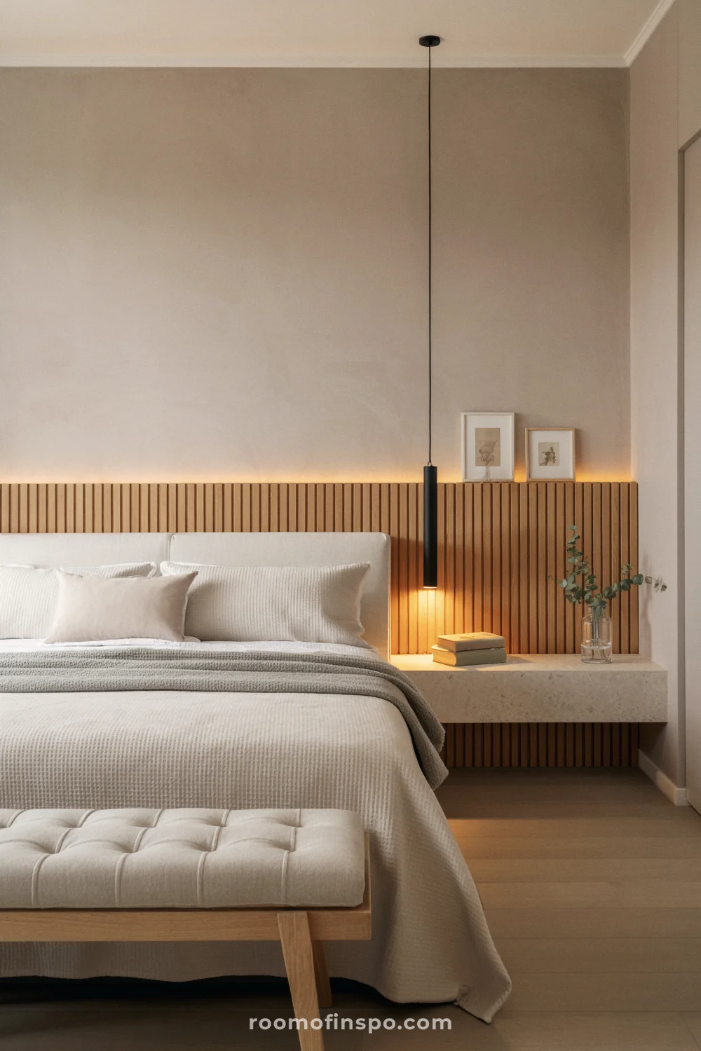 Minimalist bedroom with oak slats headboard, white bedding, and taupe-beige walls creating a serene look.