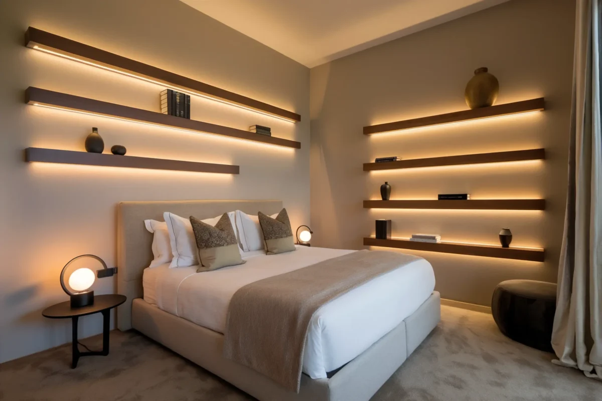 modern bedroom with a bed, a nightstand, a pouf, and shelves with built-in lighting.