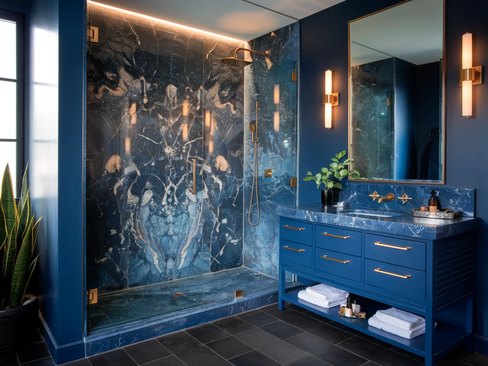 A luxurious bathroom with a blue marble shower, gold fixtures, a blue vanity with gold handles, a large mirror, and modern lighting.