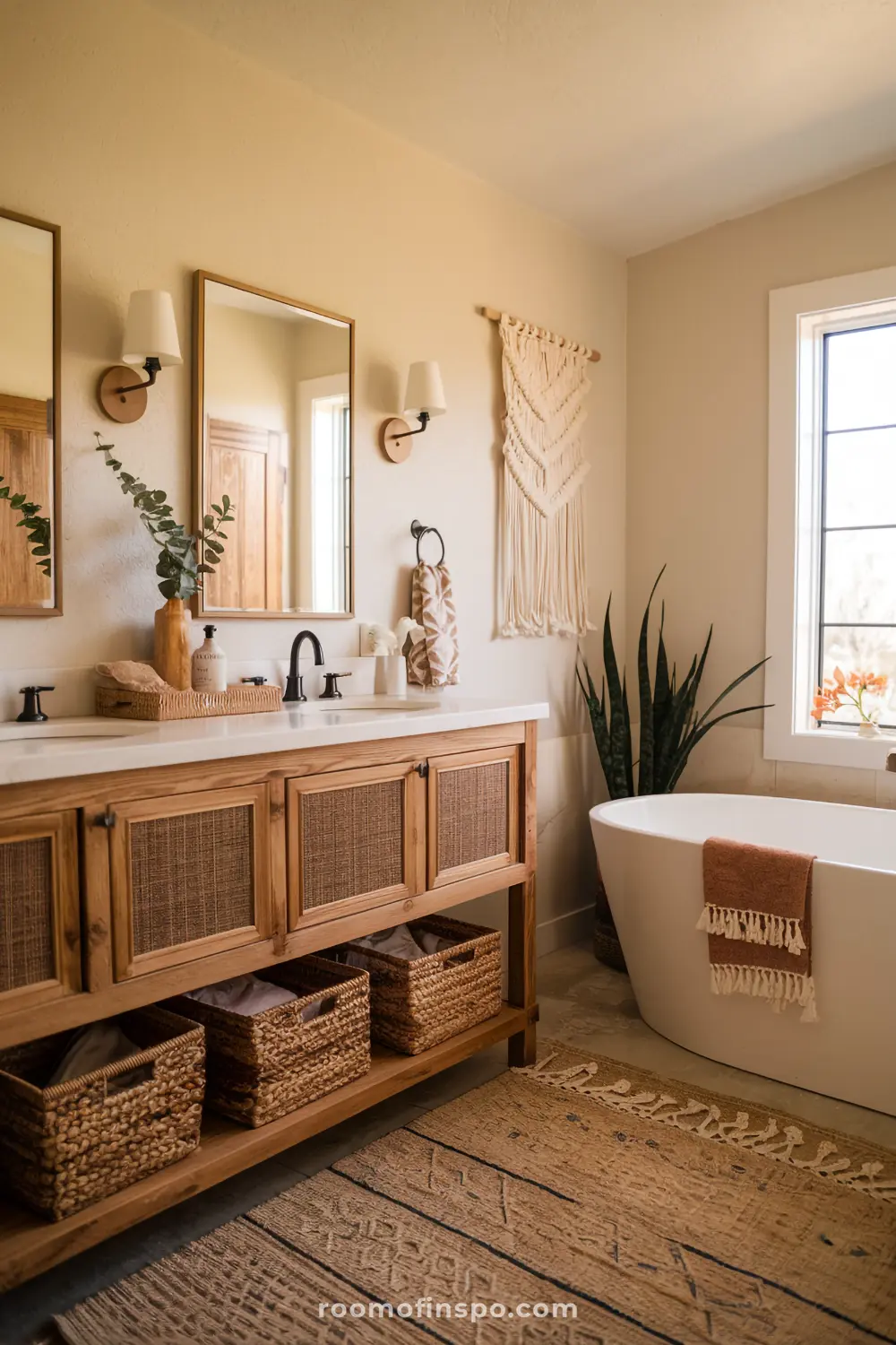 A warm, rustic bohemian bathroom featuring a wooden vanity, woven baskets, and dimmable wall sconces for a cozy ambiance.