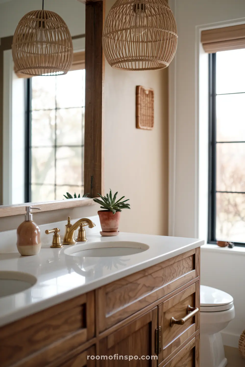 A bohemian bathroom with natural light, earthy textures, and warm neutral tones for a soothing, grounded atmosphere.