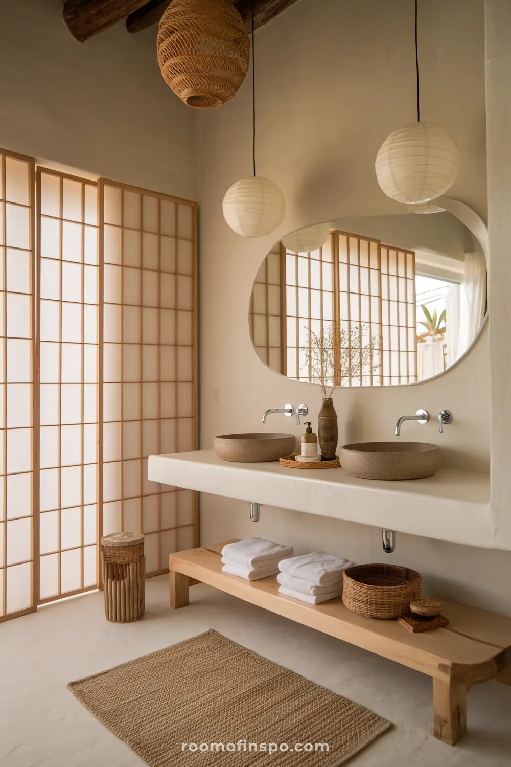 A bohemian bathroom blending Japandi aesthetics, featuring a wooden vanity, rice paper lighting, and earthy ceramics.