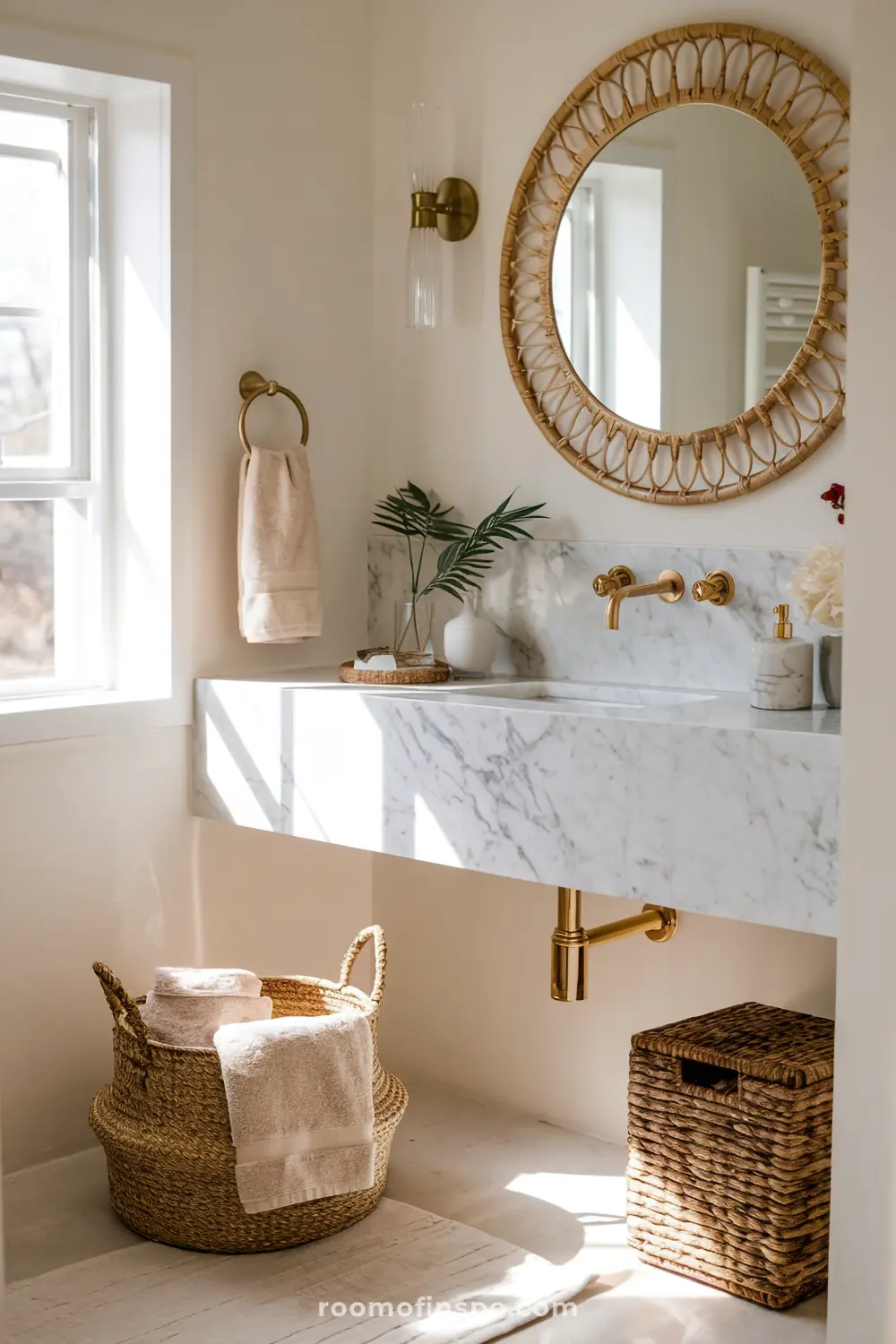 A bohemian bathroom with a marble vanity, gold fixtures, and a rattan mirror, blending luxury with earthy charm.