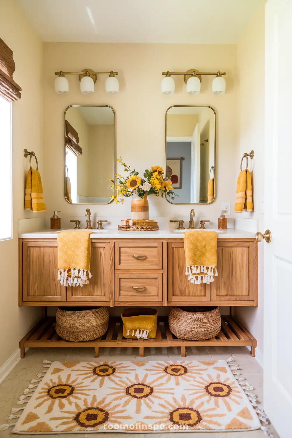 A bohemian bathroom with mustard yellow accents, a sunflower-patterned rug, and a wooden vanity, creating a cheerful atmosphere.