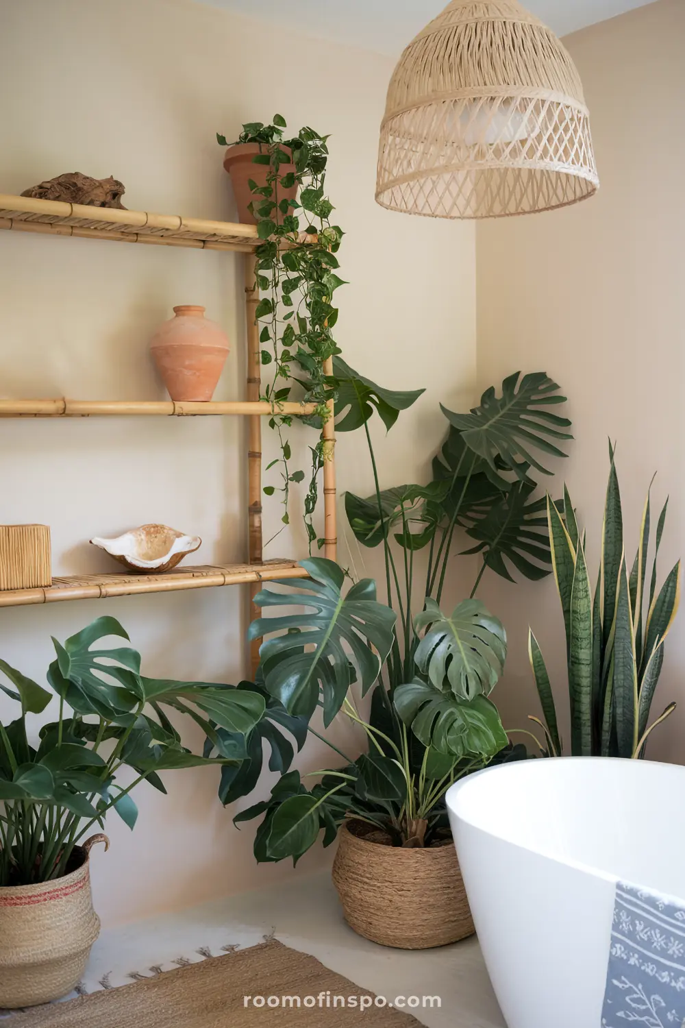 A jungle-inspired bohemian bathroom with abundant greenery, a woven pendant light, and bamboo storage for a fresh, natural feel.