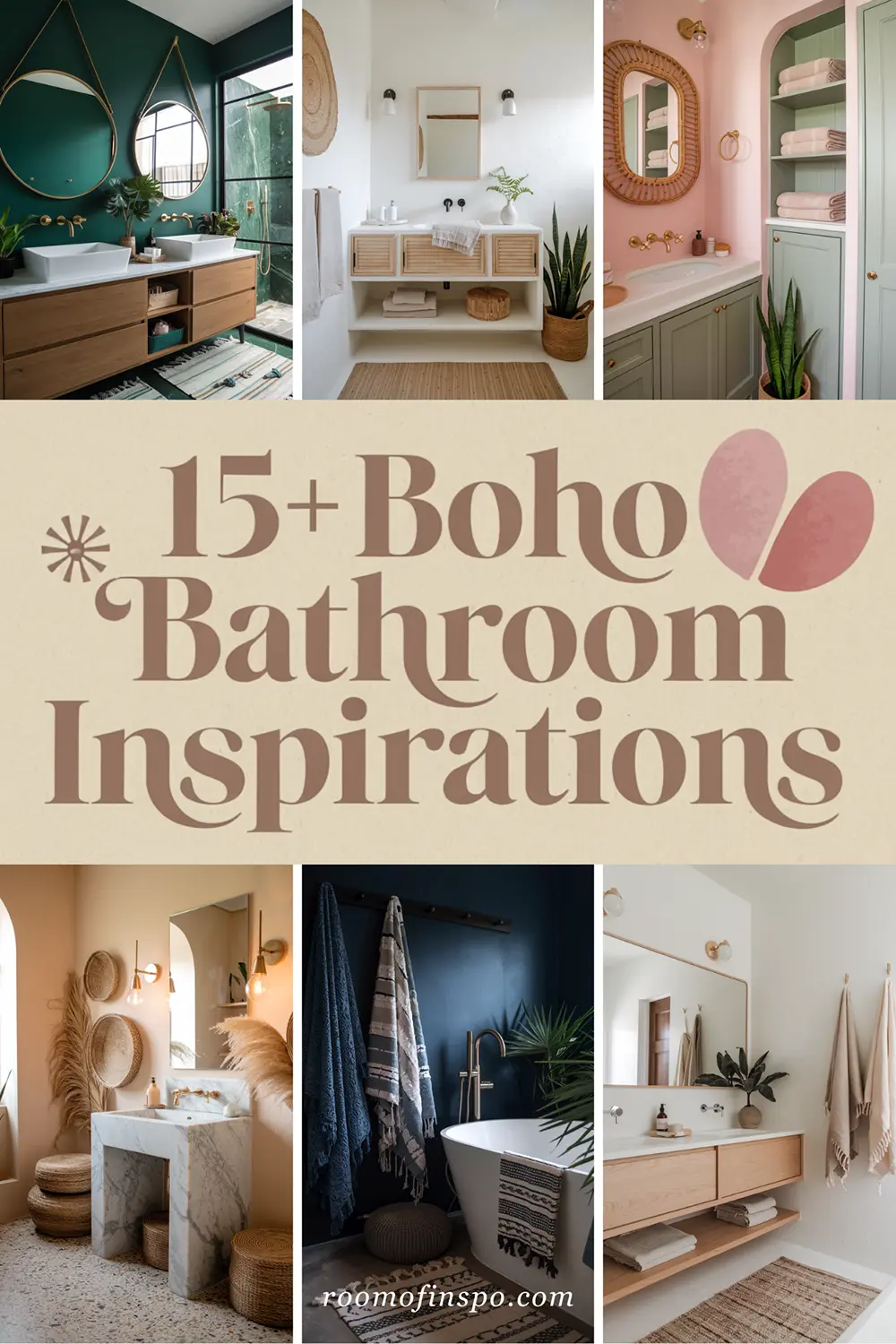 Pinterest pin for the blog post "Boho-style bathroom ideas".