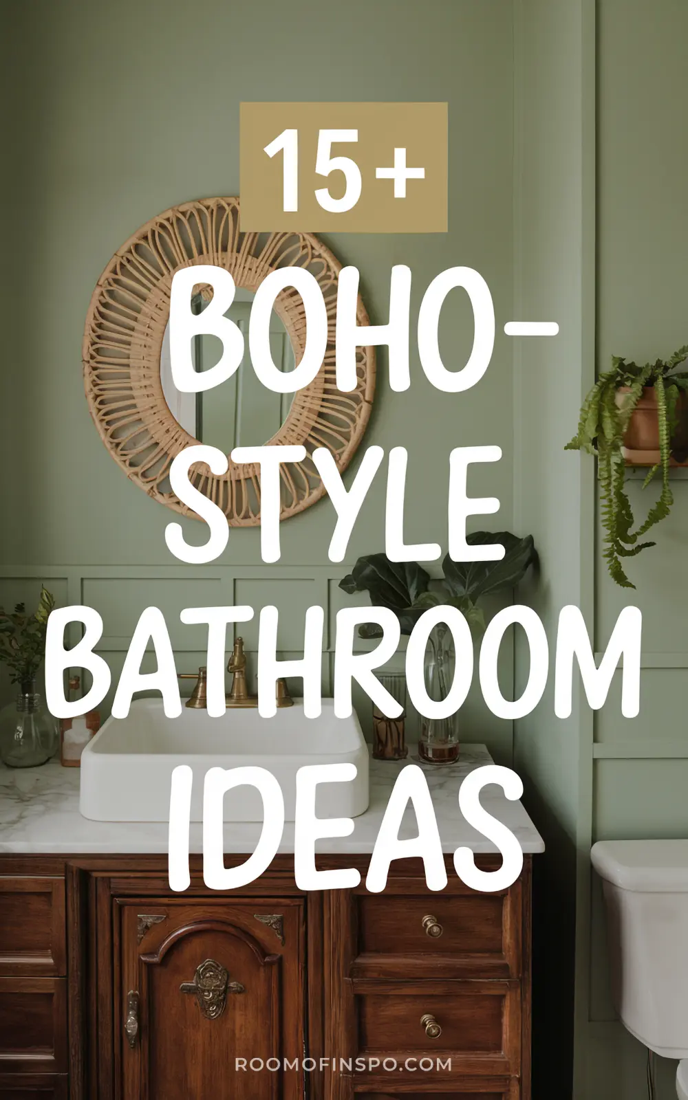 Pinterest pin for the blog post "Boho-style bathroom ideas".