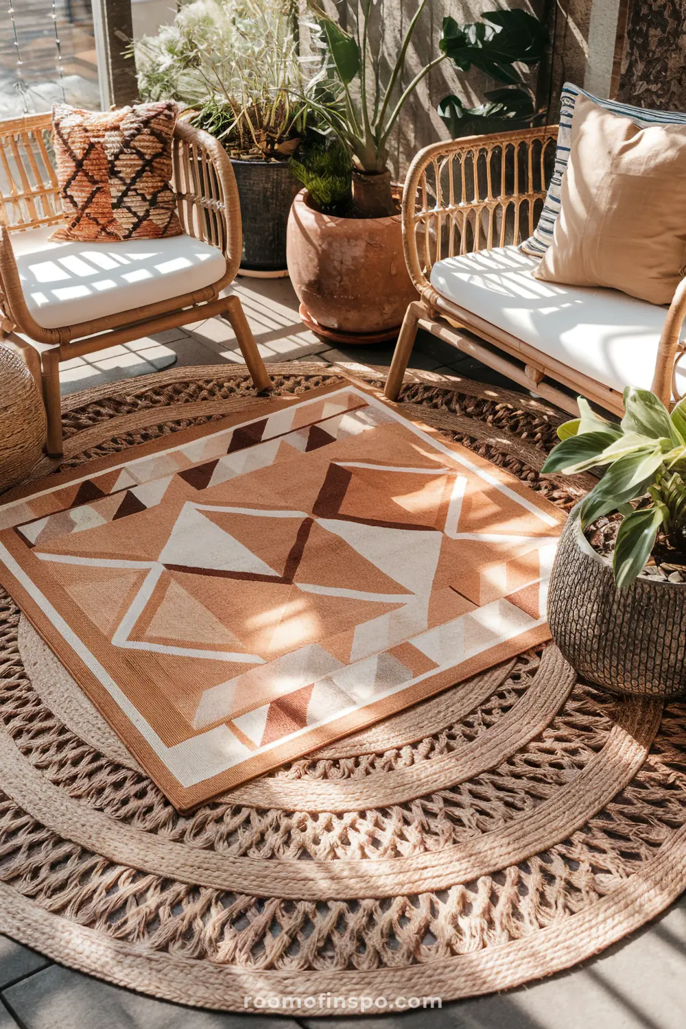 A boho patio featuring two layered rugs: a large jute rug underneath a smaller patterned rug, creating a defined seating area with outdoor furniture.