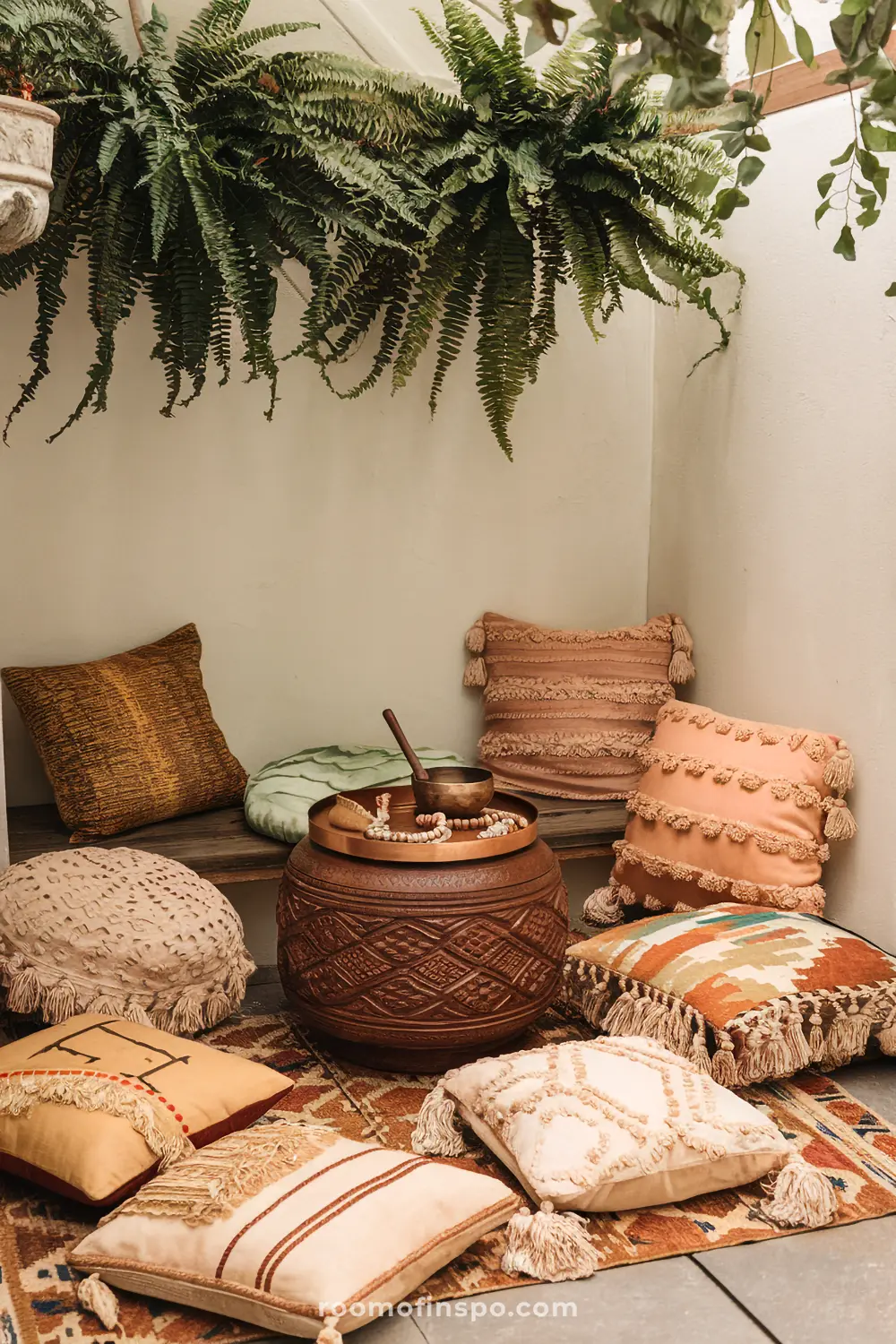 A peaceful boho meditation space with vintage cushions and spiritual elements under a natural plant canopy.