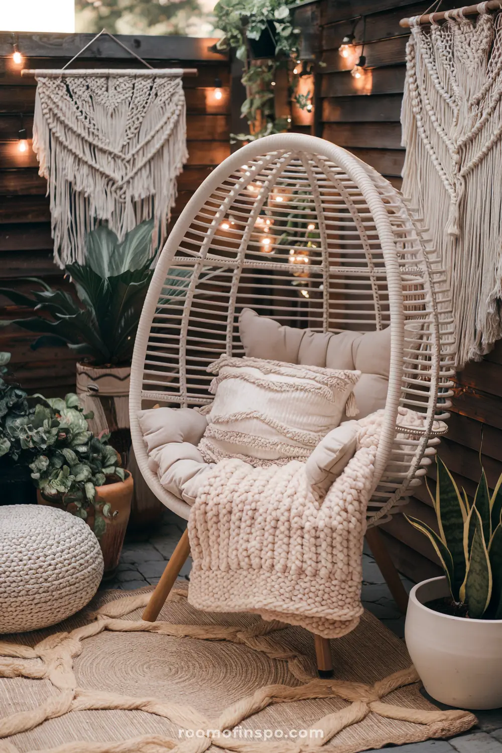 A bohemian patio space centered around an egg chair with comfortable cushions and decorative elements.