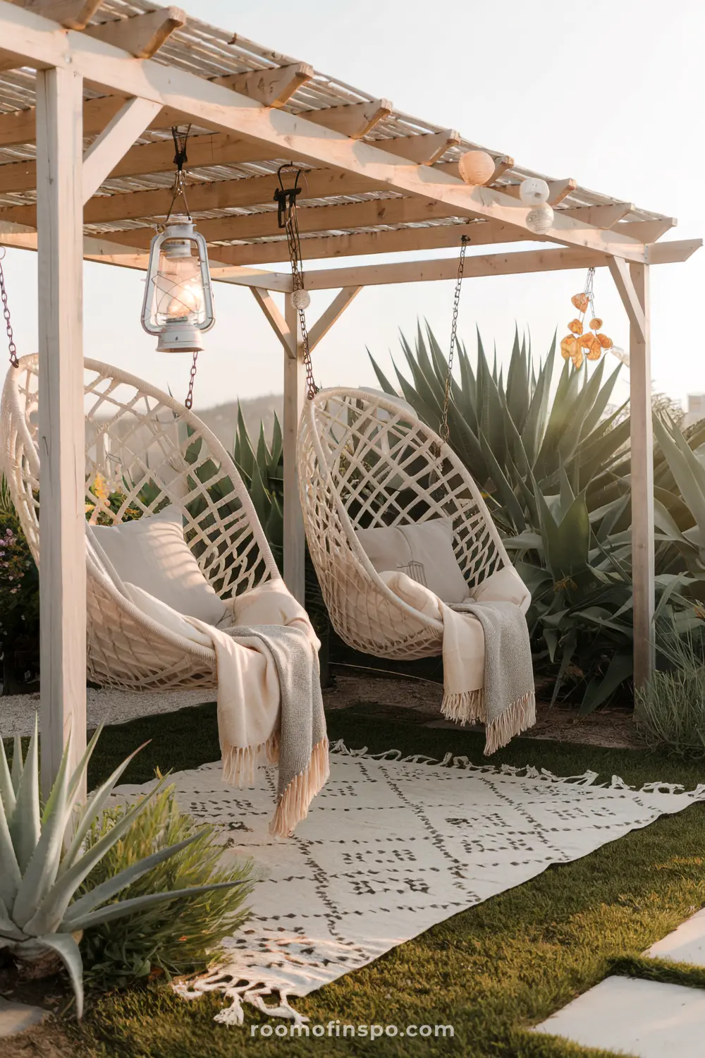 Two hanging chairs with blankets on them, hanging under a wooden pergola in a lush garden.