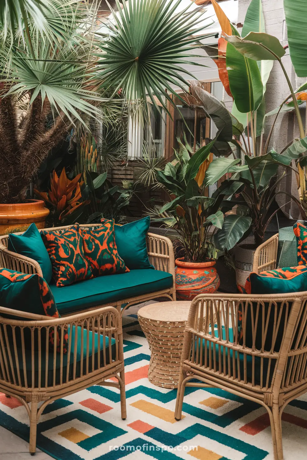A bohemian patio space with tropical elements including bold patterns, colorful pillows, and lush plants.