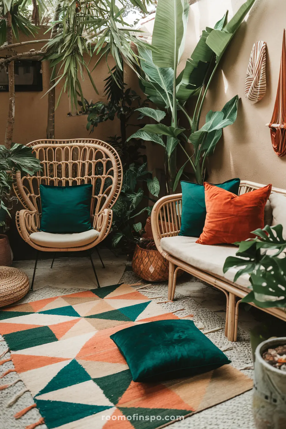 A bohemian patio space with tropical elements including bold patterns, colorful pillows, and lush plants.