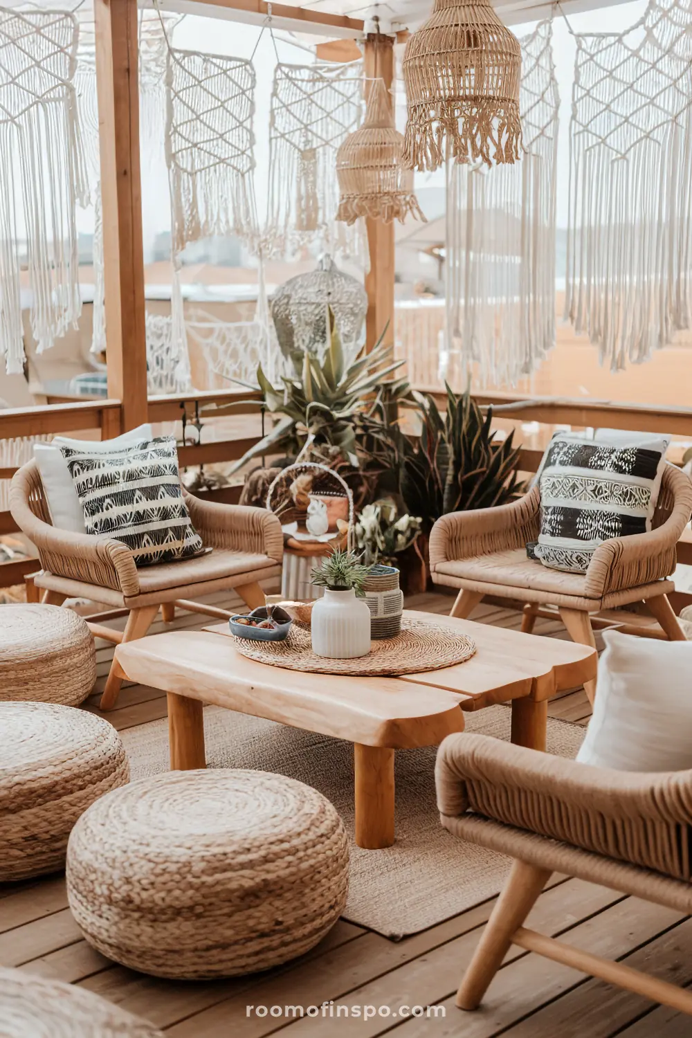 A deck furnished with natural materials and bohemian accessories creating a cozy outdoor living space.