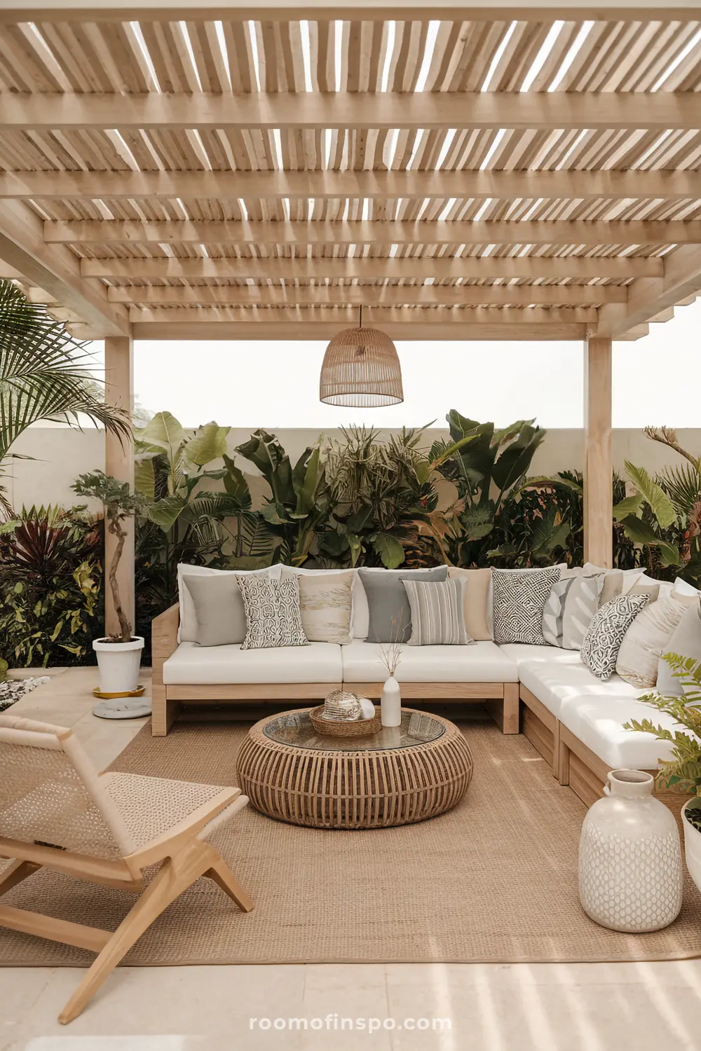 A cozy outdoor seating area with a wooden pergola, wicker lanterns, and a wicker coffee table.