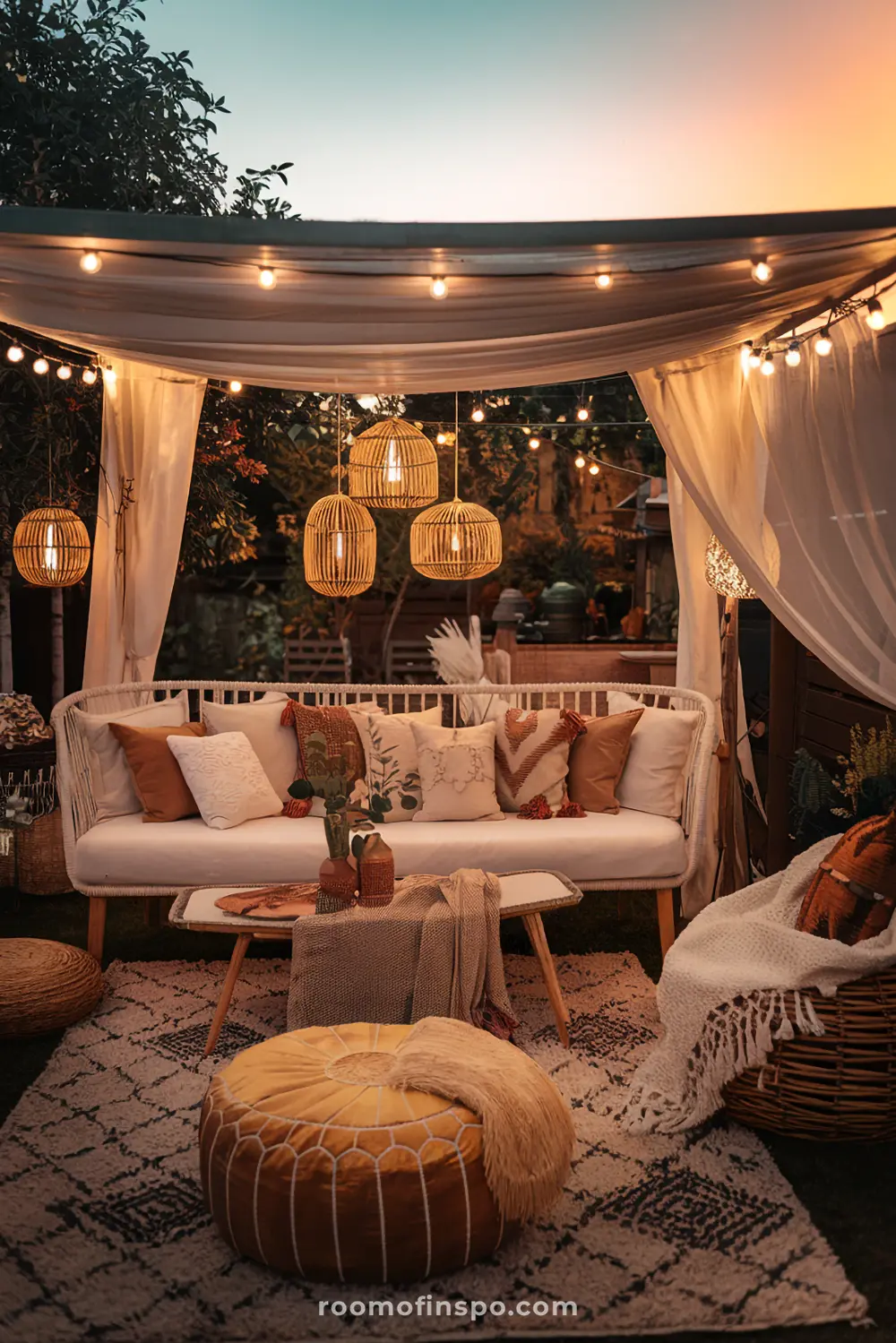A cozy outdoor seating area with a canopy of lights, a white sofa with colorful pillows, and a patterned rug.