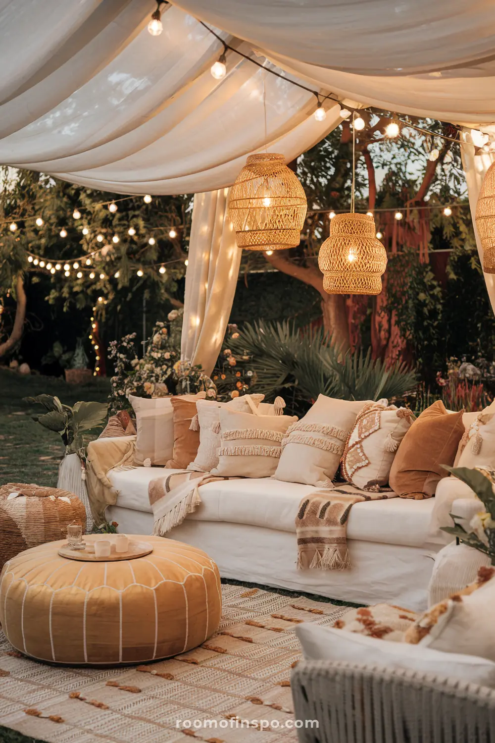 A cozy outdoor seating area with a canopy of lights, a white sofa with colorful pillows, and a patterned rug.