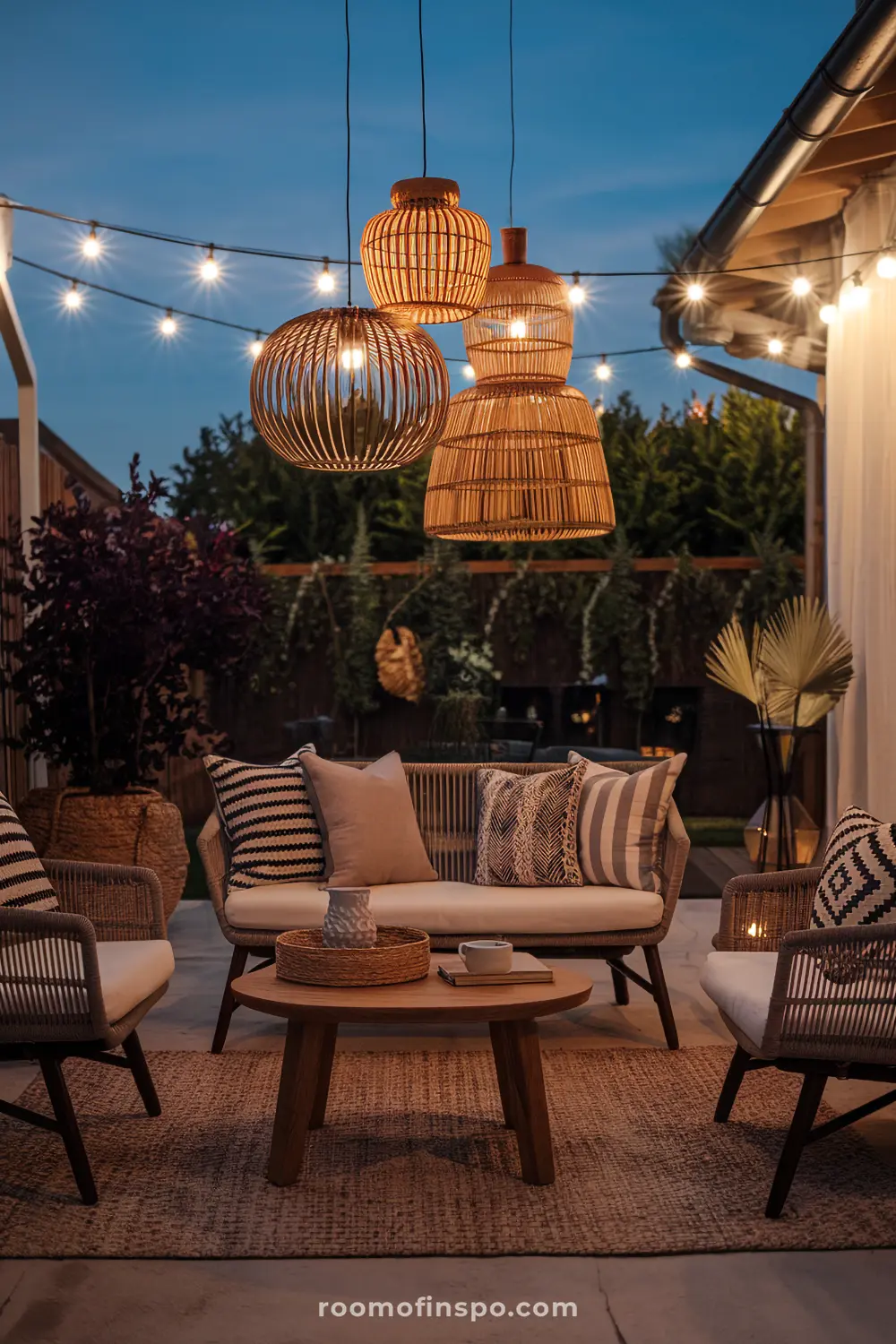 A boho patio in the evening featuring multiple hanging lanterns and ambient lighting.