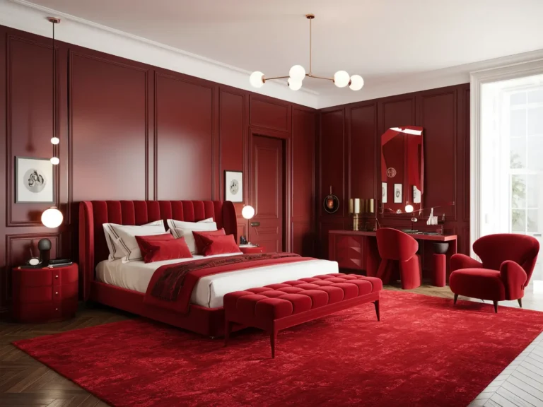 A luxurious bedroom with deep red walls, a plush velvet bed, and matching accent chairs, creating a dramatic and sophisticated atmosphere.