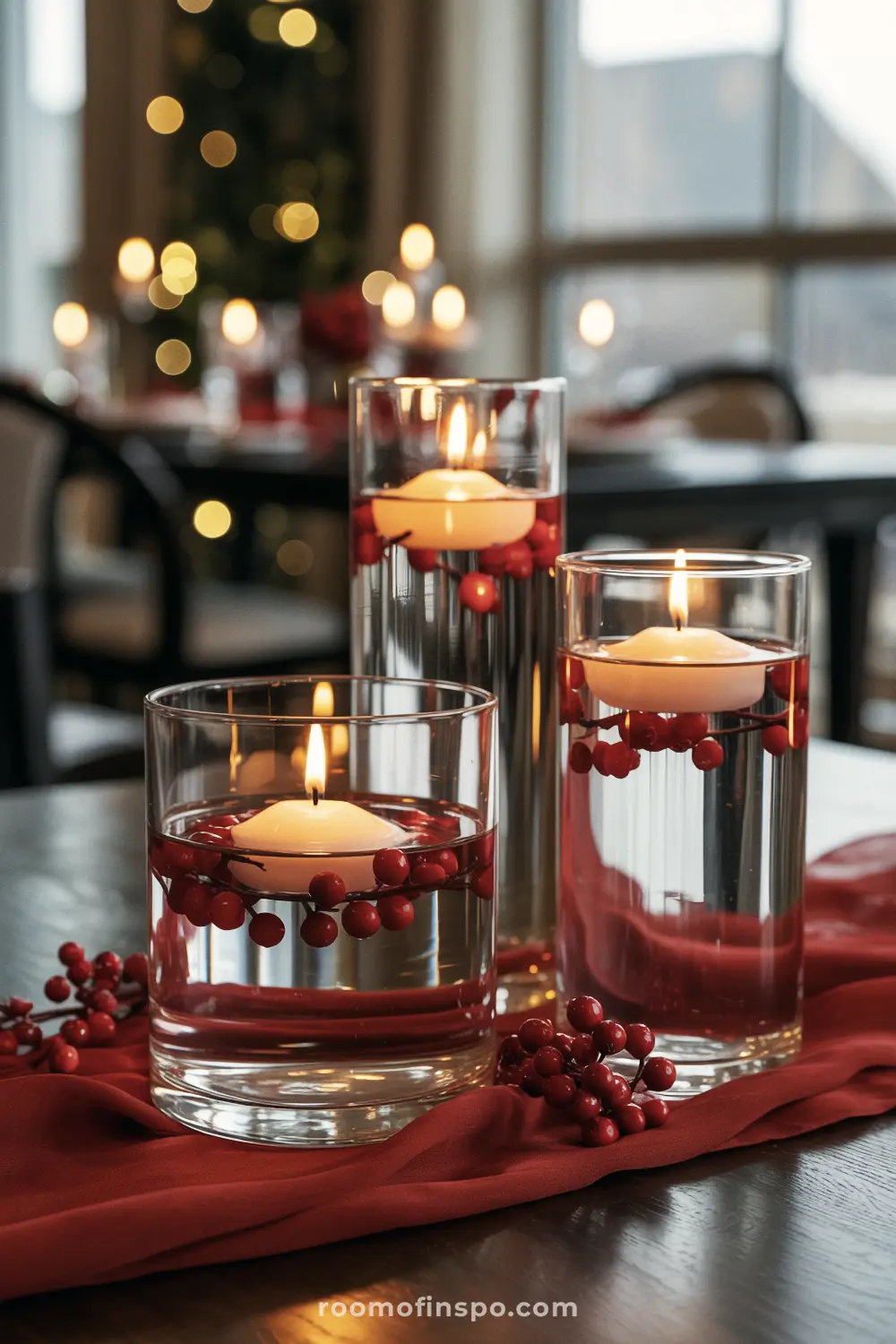 A traditional and classy Christmas display of floating candles and red cranberries in clear glass cylinders on a red runner.