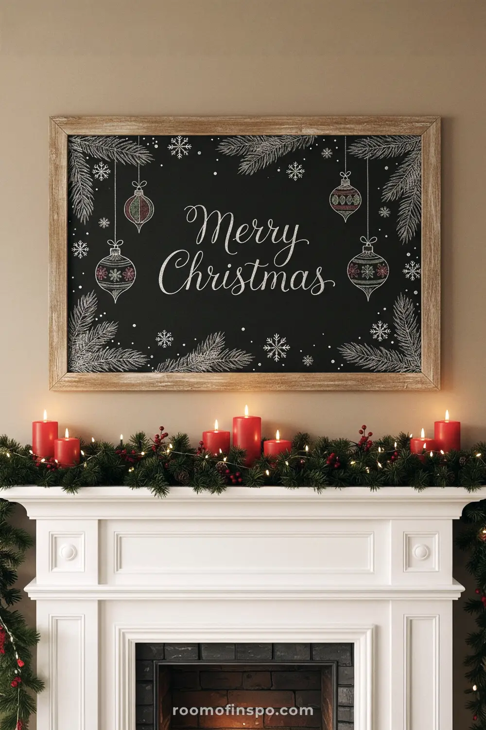 A framed chalkboard above a fireplace displays a "Merry Christmas" message with chalk drawings of ornaments, pine, and snowflakes, creating a festive Christmas look.
