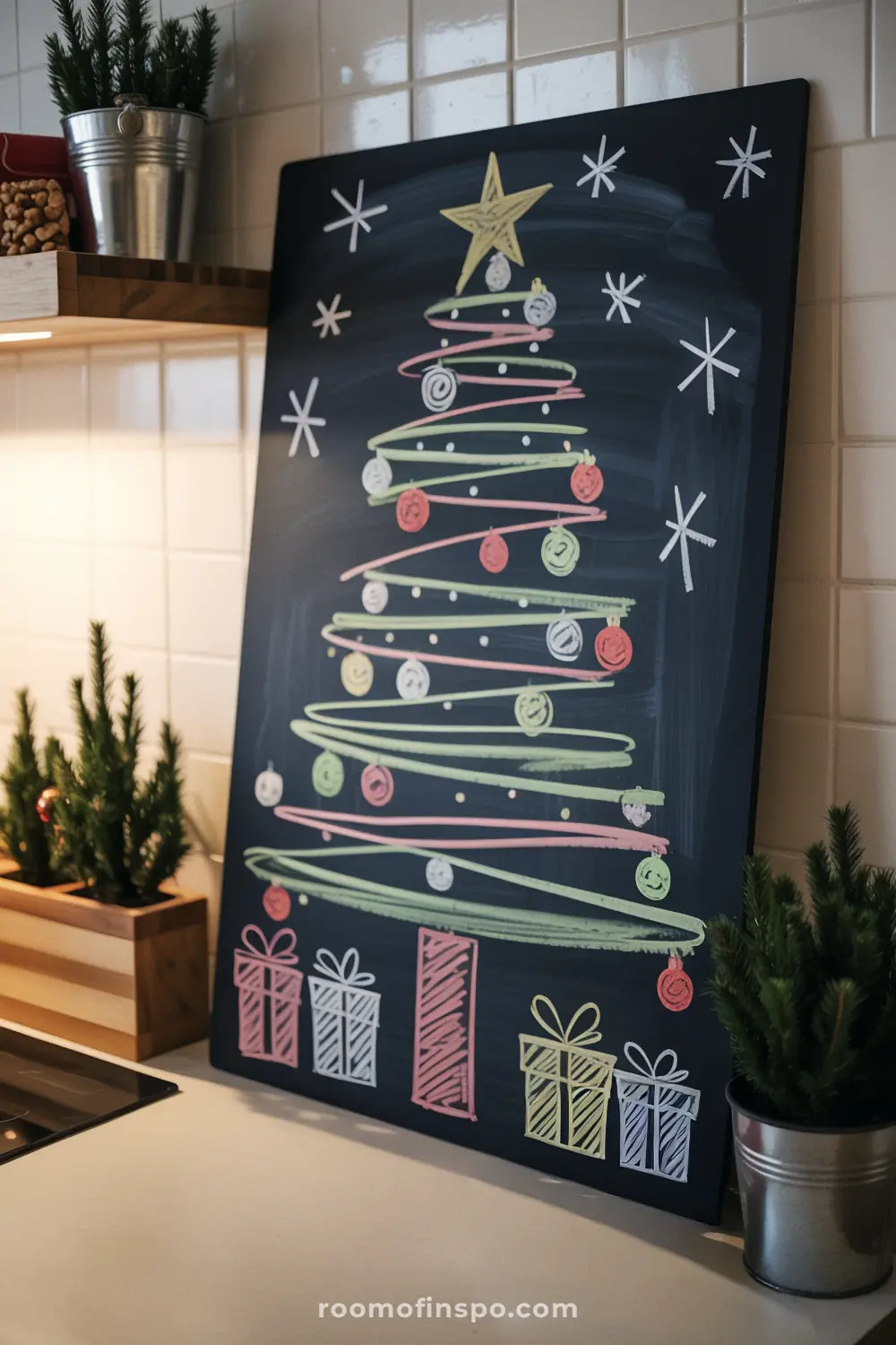 A colorful chalk drawing on a chalkboard depicts a Christmas tree with ornaments, a star, and presents underneath it for a festive holiday decoration.