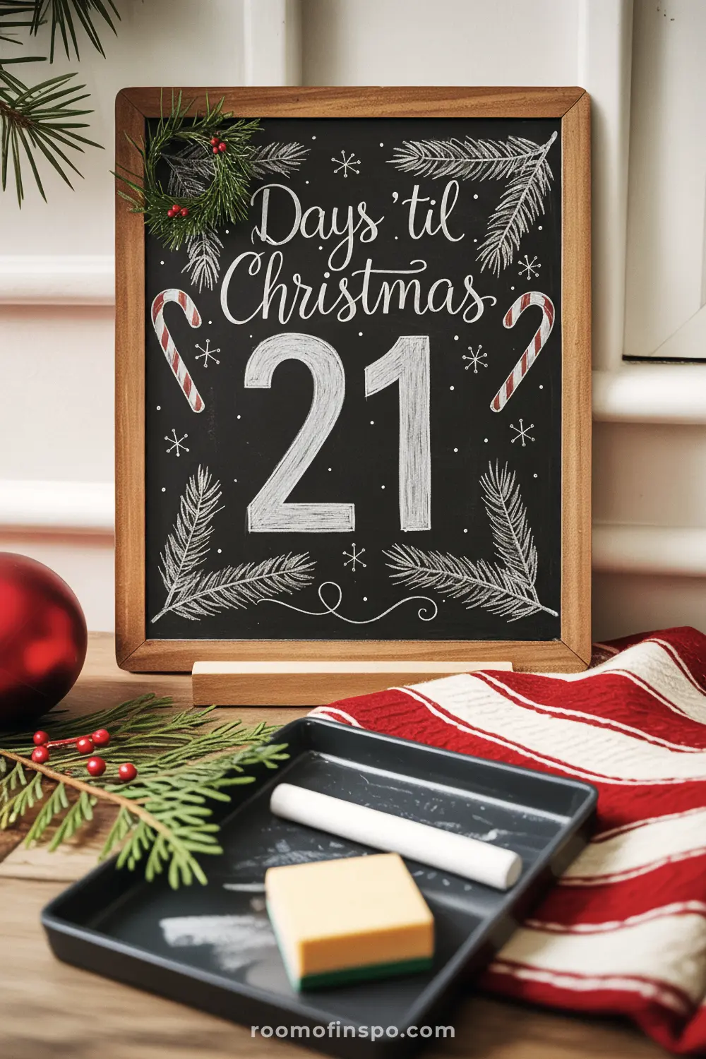 A framed chalkboard serves as a Christmas countdown calendar, showing "21 Days 'til Christmas" with festive chalk drawings of pine and candy canes.