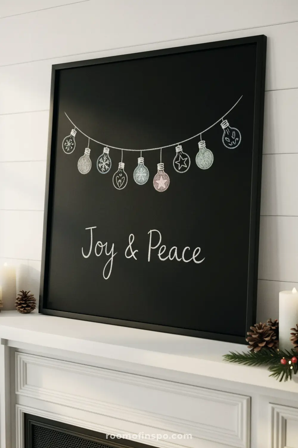 A "Joy & Peace" message is written on a black framed chalkboard beneath a hand-drawn string of festive Christmas light bulbs.