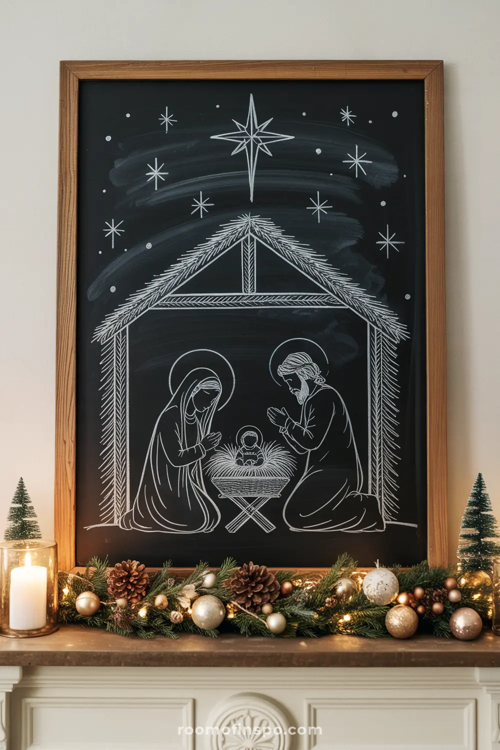 A beautiful Nativity scene is drawn in white chalk on a framed chalkboard, depicting the classic Christmas story with Mary, Joseph, and Jesus.