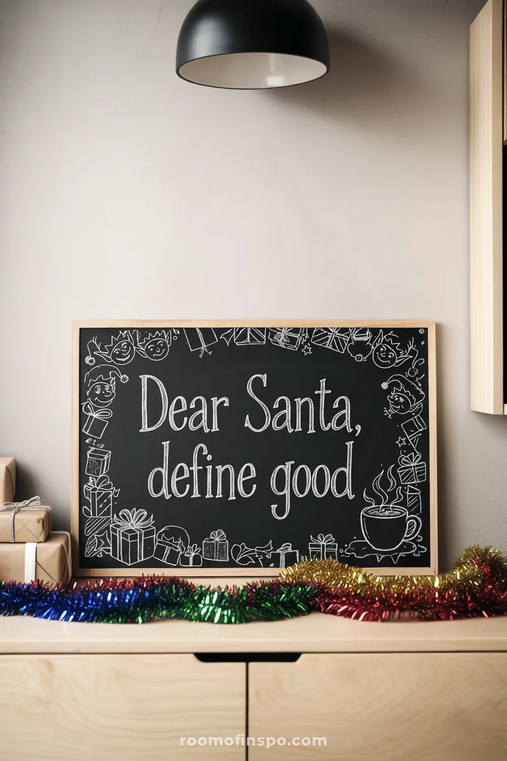 A humorous Christmas message on a chalkboard asks Santa to define "good," surrounded by festive chalk drawings of presents and elves.