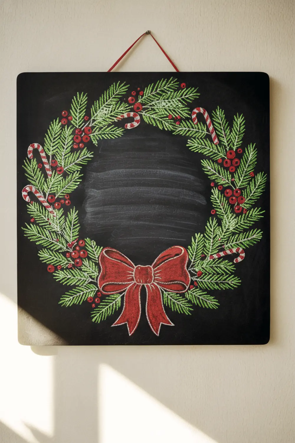 A colorful Christmas wreath with a red bow, berries, and candy canes is hand-drawn on a hanging chalkboard, leaving a blank space inside.