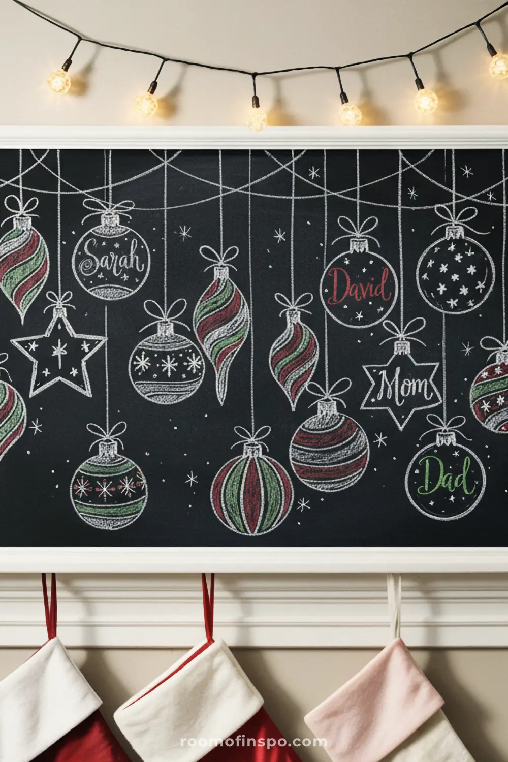 A festive chalkboard is decorated with hand-drawn Christmas ornaments, personalized with family names like "Sarah" and "David," creating a charming holiday display.