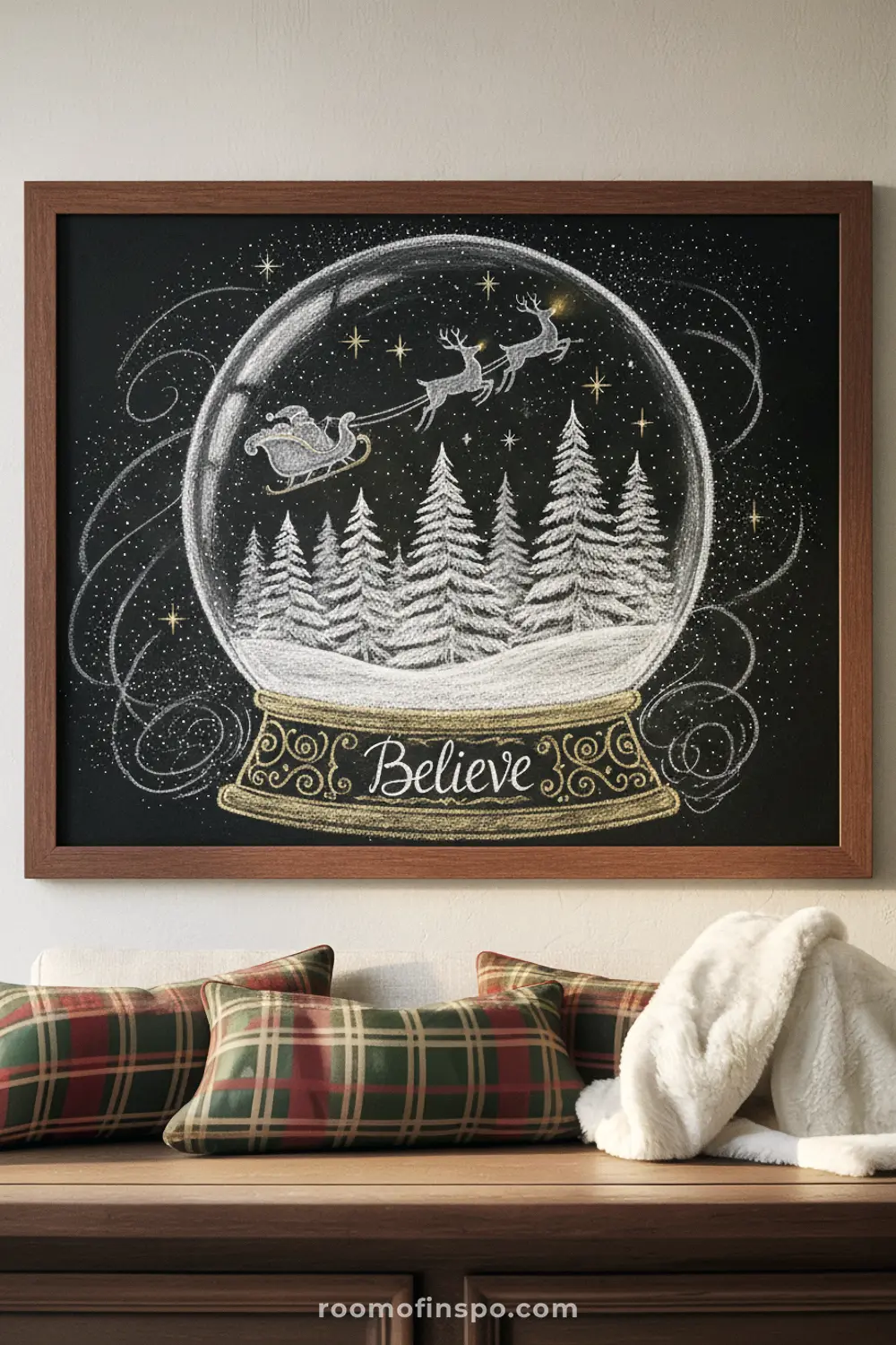 A magical Christmas snow globe is drawn on a chalkboard, showing Santa's sleigh flying over a snowy forest with the word "Believe" below.