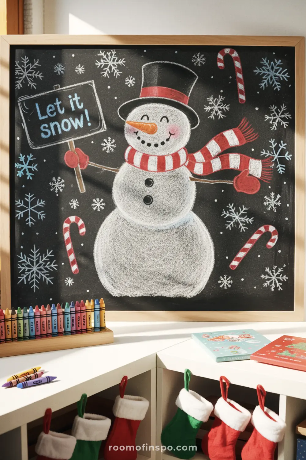 A cheerful snowman wearing a top hat and scarf is drawn on a chalkboard, holding a "Let it Snow!" sign for a classic Christmas decoration.