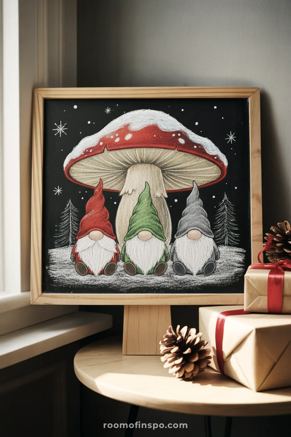 A whimsical Christmas scene is drawn on a chalkboard, featuring three colorful gnomes sitting under a large, snow-dusted mushroom in a winter forest.