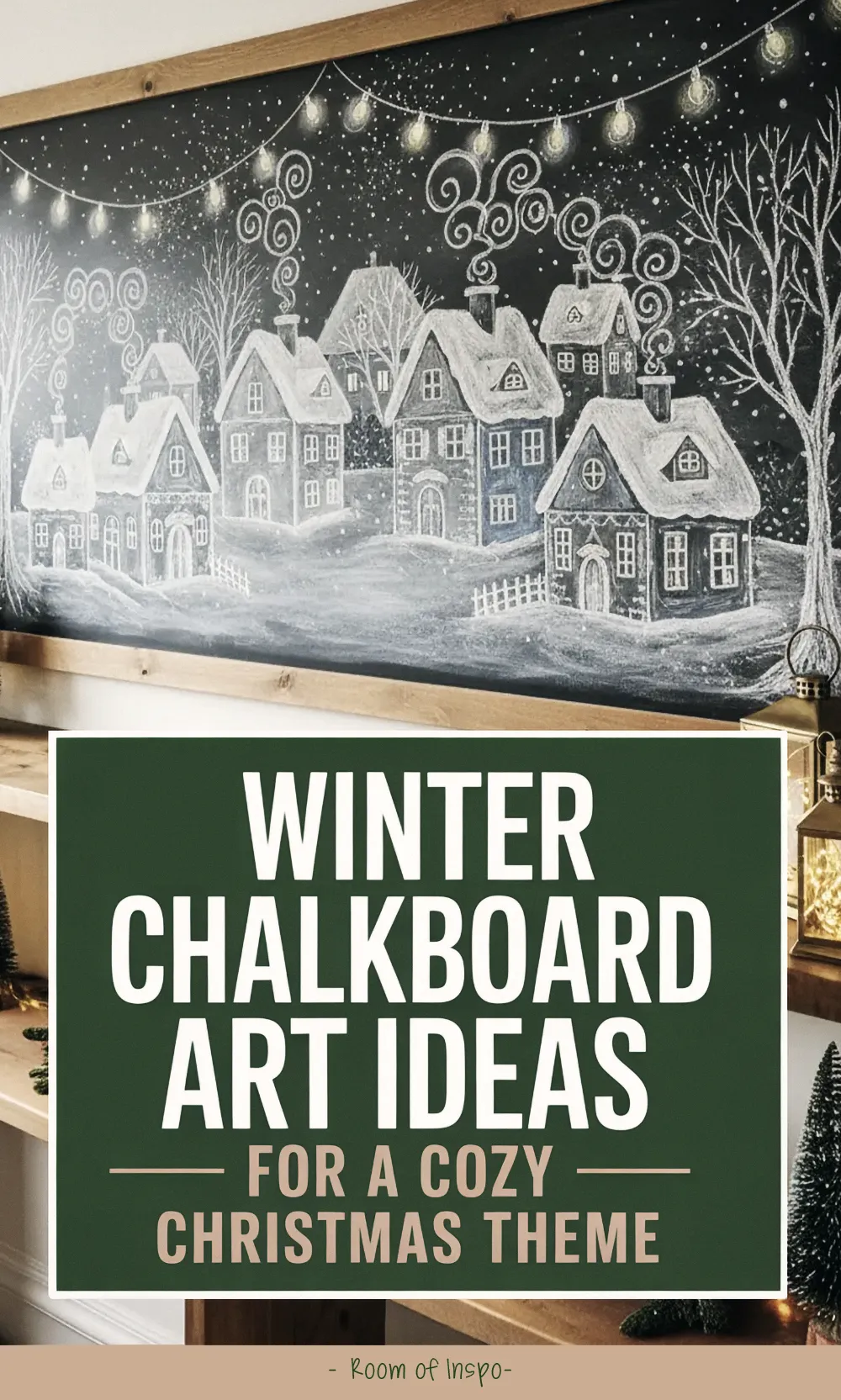 A festive Christmas chalkboard with a snowy village has a text overlay: "Winter Chalkboard Art Ideas for a Cozy Christmas Theme".