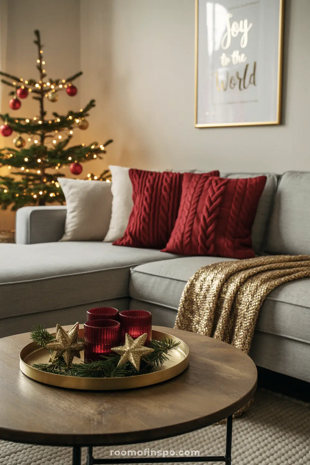 A gold tray with waxy red candles stylishly sits next to a gray sofa, which exemplifies cozy holiday decor for any happy family.