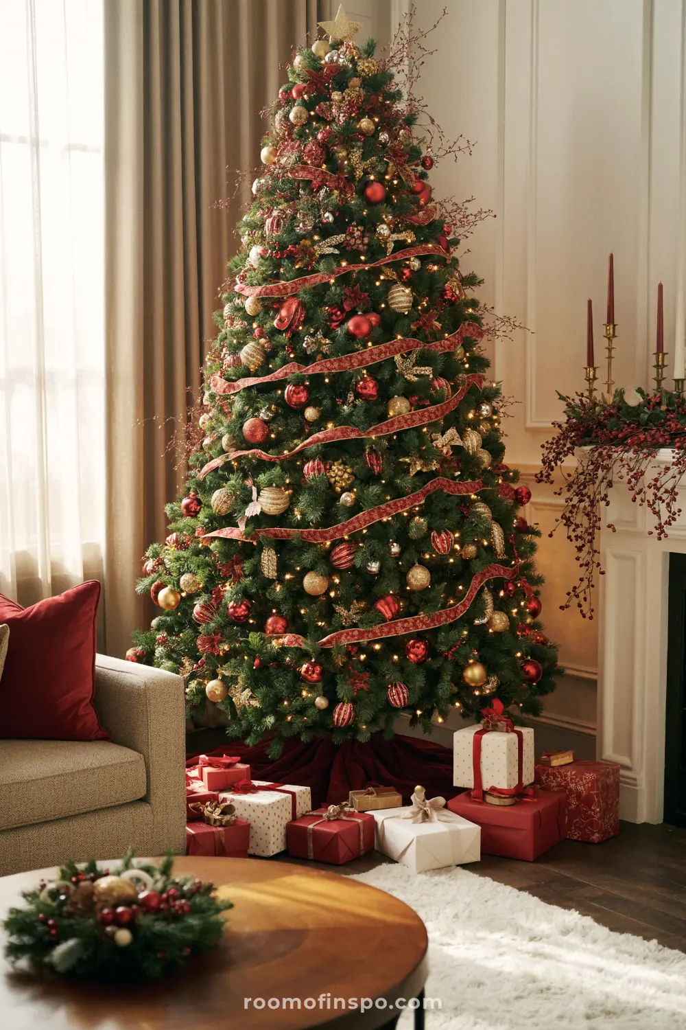 A luxuriously decorated living room for a yuletide day, with a styled Christmas tree and sofa next to a festive fireplace.