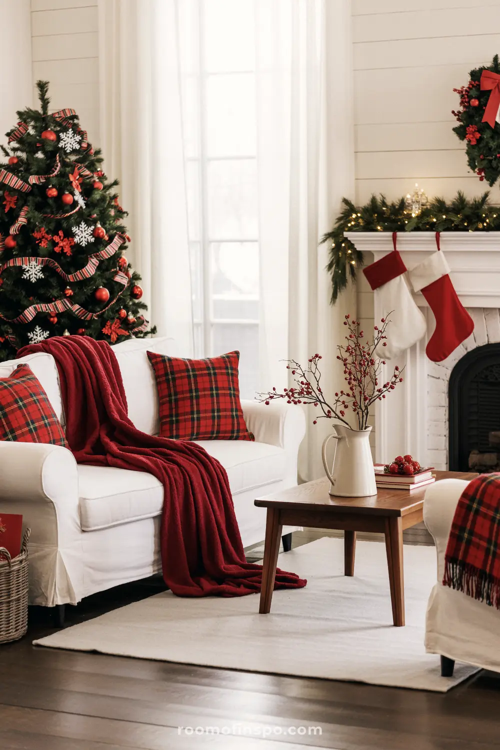 This classic living room features a white sofa with red plaid pillows and a decorated tree for a traditional Christmas.